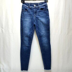 Maurices High-Rise Skinny Jeans XS Reg W26 Frayed Hem & Waist Design Dark Wash